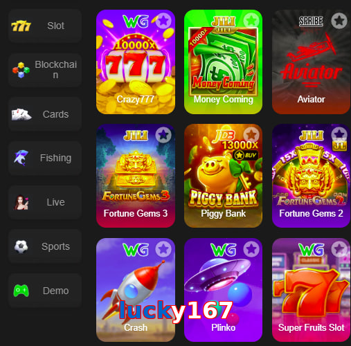 Main screen of Lucky167 game page for PK players